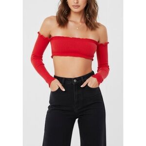 ARE YOU AM I Tiiu Off-Shoulder Bandeau Ribbed Top, Red, Small
